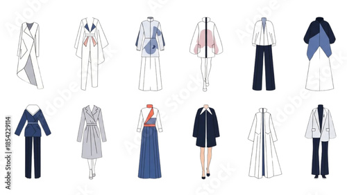 Fashion illustrations of various clothing items displayed against a plain white background from a front viewpoint