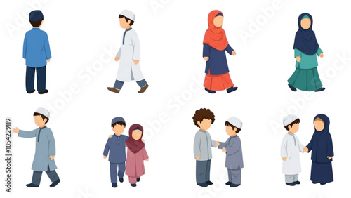 Set of Muslim Kids Characters Vector Illustration: Boys and Girls Wearing Traditional Islamic Clothing, Hijab and Kufi