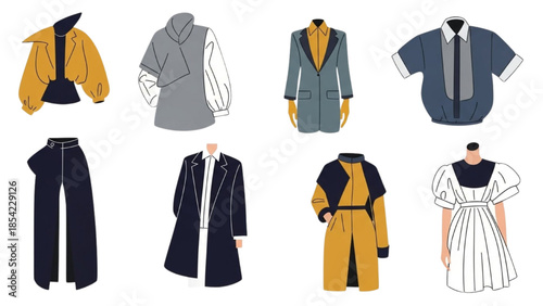 Fashion illustrations of various clothing items and styles displayed on mannequins