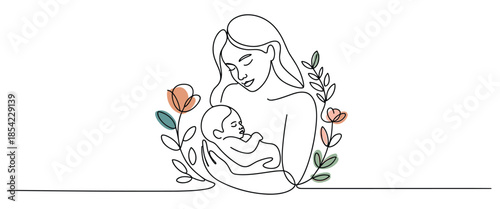Mother holding newborn baby with flowers around them in one line drawing style