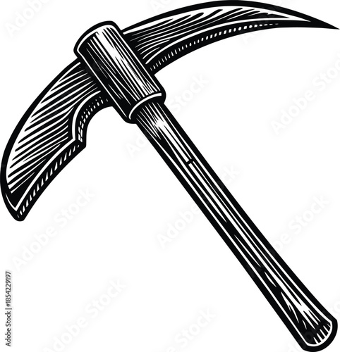 Black and white of a pickaxe with a wooden handle tool