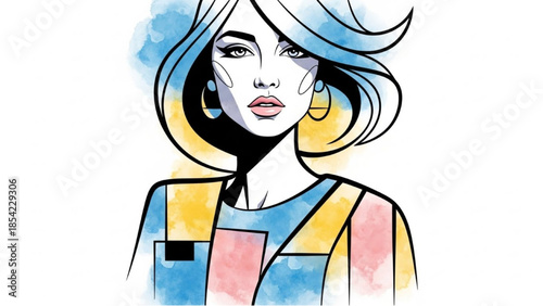 Vibrant illustration portrait of a young woman with flowing blue hair