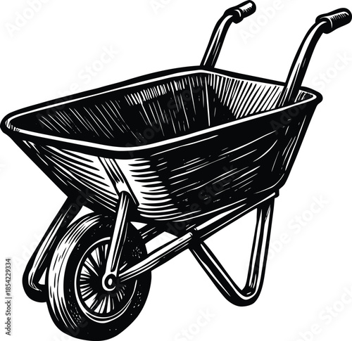 Wheelbarrow with two large wheels and handles in black and white
