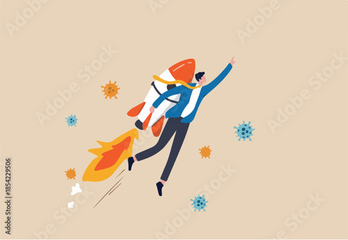 Business booster in economic crisis COVID-19 outbreak, start up company to win and survive in recession concept, confidence businessman leader business owner with rocket booster fly pass Coronavirus.