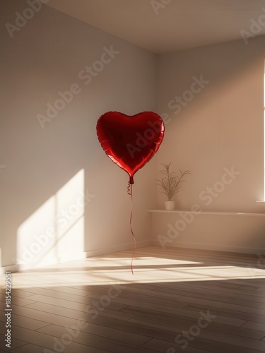 Red heart balloon floating in empty room with sunlight