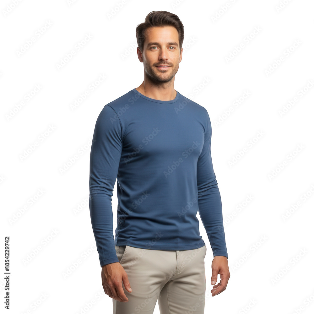 Fototapeta premium A man standing in a studio wearing a blue long-sleeved shirt and khaki pants