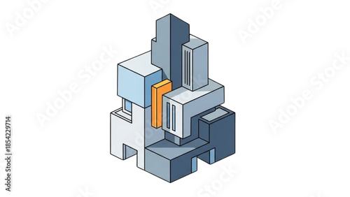 An isometric illustration of a modern cityscape with abstract geometric buildings and a prominent orange architectural feature
