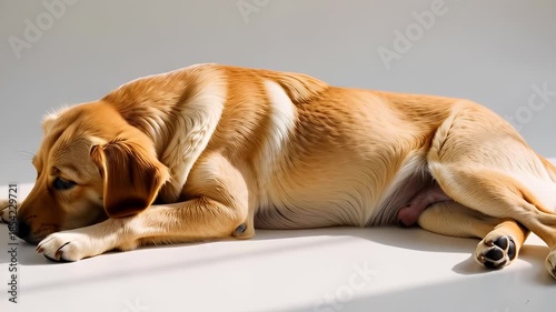 A cute brown retriever puppy and domestic dogs rest comfortably on the floor, bed, and sofa, showing the funny nature of this furry canine animal