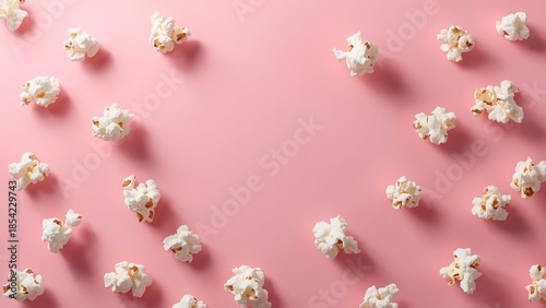 A pink background with scattered popcorn kernels in a decorative arrangement