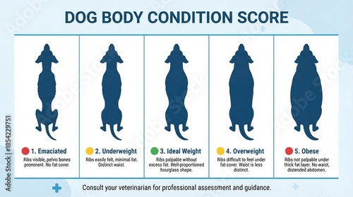 Dog body condition score visual guide. Body condition score silhouettes show emaciated to obese levels, body condition score chart for vet clinic education, for World Veterinary Day