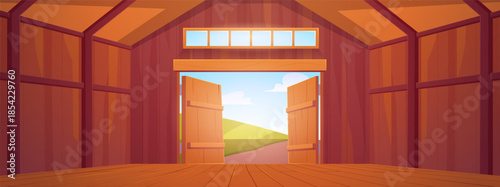 Wooden barn interior, vector cartoon shed with window and open gates, farmhouse empty rural storehouse, ranch building