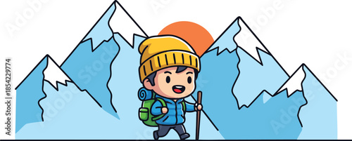 Cheerful hiker exploring majestic snowy mountains at sunrise