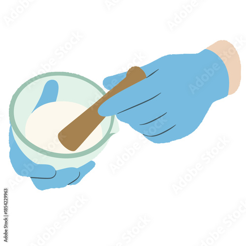 Gloved hands grinding medicine in mortar and pestle