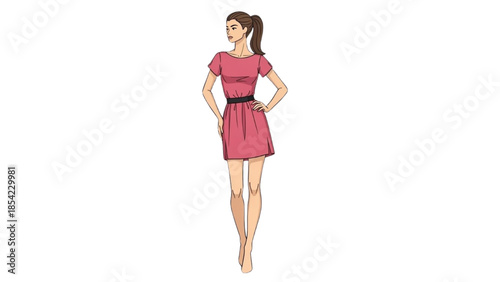 Young woman wearing a short pink dress standing confidently with hands on hips