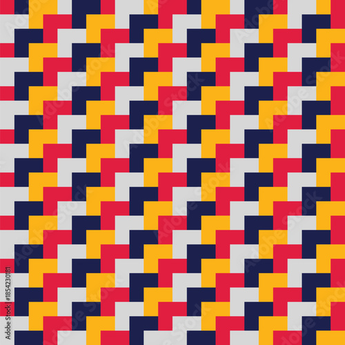 Diagonal lines of overlapping dark navy blue, red, grey and yellow squares