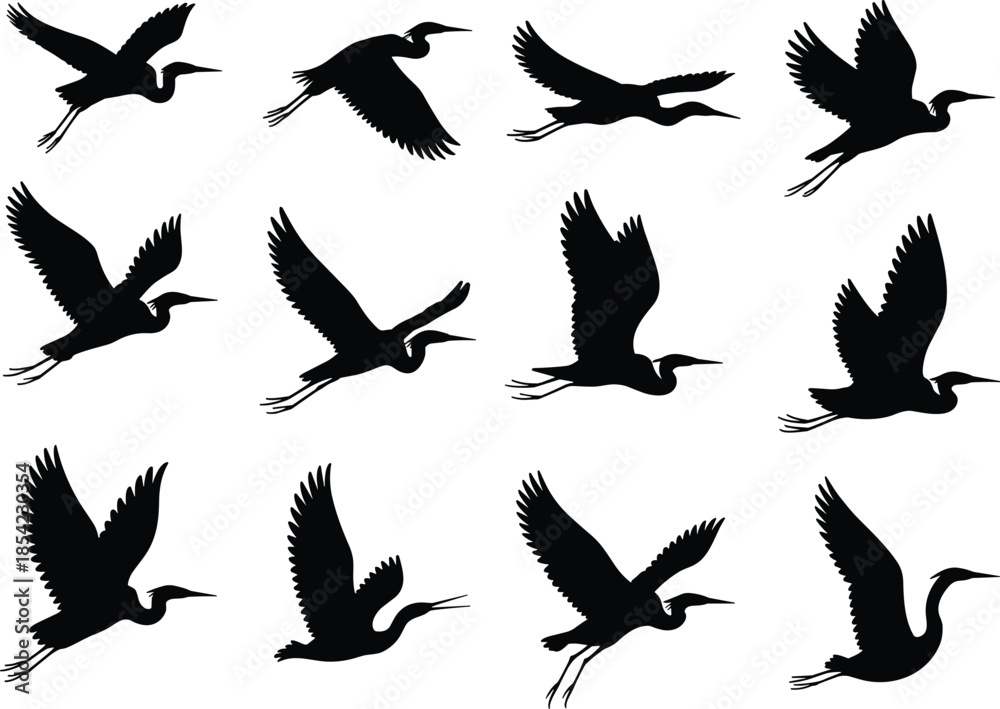 Naklejka premium Flying bird silhouettes set, black crane heron shapes illustration isolated white background vector collection design