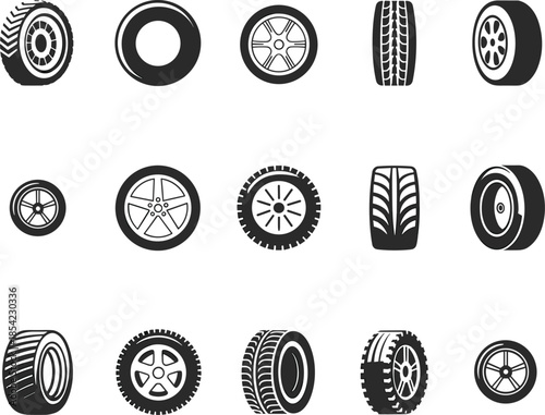 Car tire and wheel icons set, automotive rubber silhouettes collection, black vector illustration isolated background