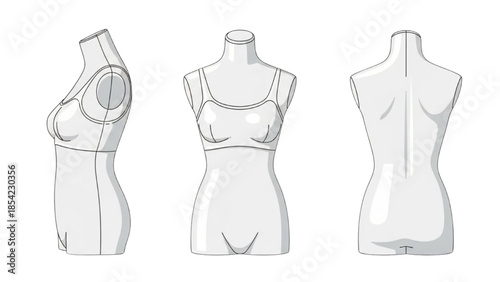 Fashion design illustration showcasing a female mannequin from multiple angles, featuring clothing and anatomy details.