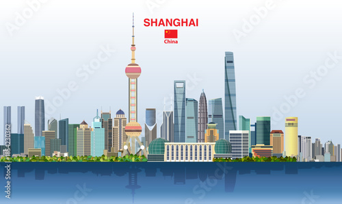 Canvas Print Shanghai abstract stylized city skyline on a beautiful gradient day sky background