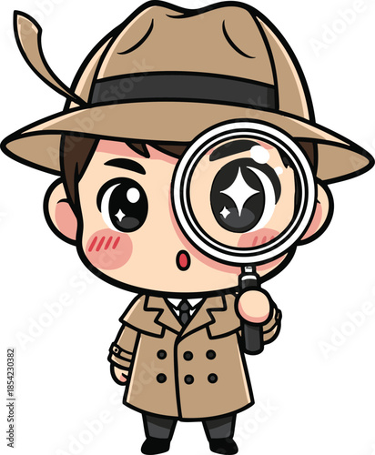 Cute detective boy in brown trench coat examining clues closely