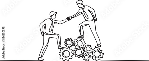 Single one line drawing two young businessmen helping each other to go up to pile of cogs. Teamwork people trust assistance. Technology gear collaboration solution. one line Icon drawing