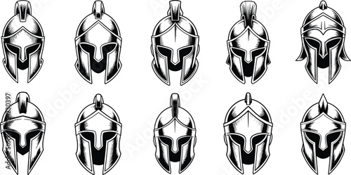 Spartan warrior helmet icons set, ancient Greek armor illustration, black white vector design isolated background