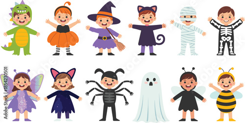 Cute kids Halloween costumes illustration set, cartoon children characters, festive spooky outfits, party vector design
