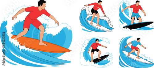 Surfer riding ocean waves illustration set, surfing action poses, extreme water sport vector art design