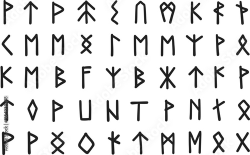Ancient runes symbols alphabet illustration set, nordic viking mystical signs, black hand drawn typography design