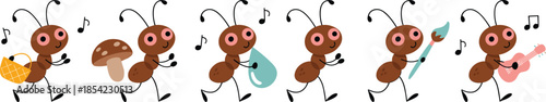 Cute cartoon ants characters illustration set, funny marching insects with music art tools, playful design