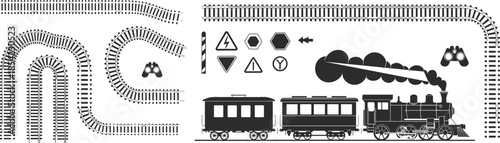 Railway tracks and steam train icons set illustration, vintage railroad signals, transportation elements vector collection
