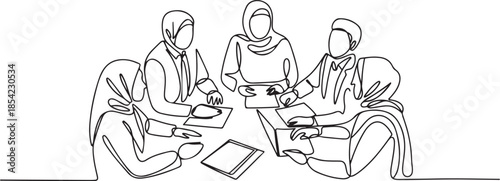 One continuous line drawing of young muslim businesspeople discussing agreement project together from top view. Islamic clothing hijb, scarf, keffiyeh. one line Icon drawing