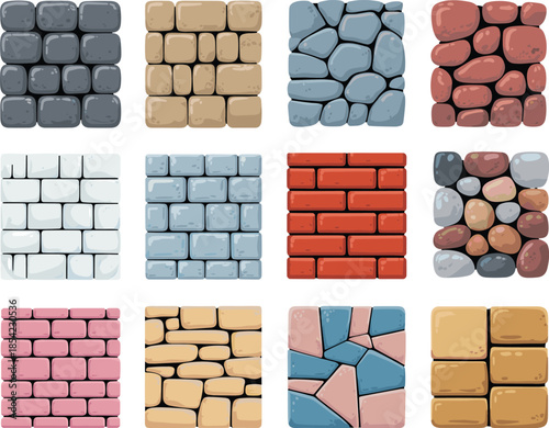 Cartoon stone wall texture tiles collection, colorful brick and rock patterns, game assets illustration set