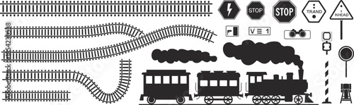 Train railway icons and tracks set illustration, steam locomotive signals, transportation elements vector design collection