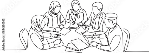 One continuous line drawing of young muslim businesspeople discussing agreement project together from top view. Islamic clothing hijb, scarf, keffiyeh. one line Icon drawing