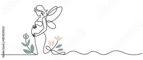 Pregnant woman with flowers minimalist line art illustration