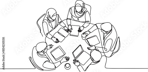 One continuous line drawing of young muslim businesspeople discussing agreement project together from top view. Islamic clothing hijb, scarf, keffiyeh. one line Icon drawing