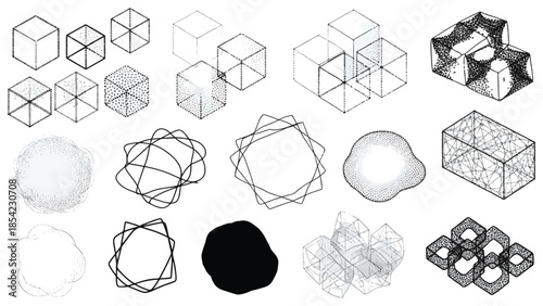 Set of Abstract Geometric Isometric Cubes and 3D Technical Wireframe Shapes in Stipple Effect