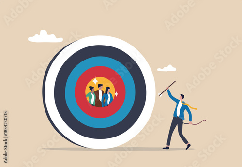 Target customer or target audience to aim for advertising, selected group to optimize ads or HR choose focused candidates concept, businessman marketer archer aim for customers in bullseye target.