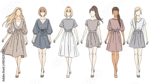 Diverse group of women walking in various dresses from different viewpoints