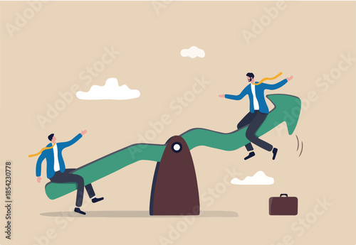 Investment stock market volatility, financial asset value going up and down or profit growth rising up concept, businessman sit on balance seesaw green arrow graph lift up other guy soaring