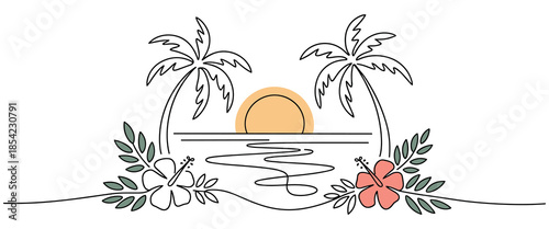 Tropical island scenery with palm trees and hibiscus flowers at sunset