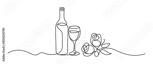 wine bottle and glass with roses minimalist line drawing