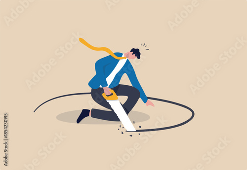 Business or financial mistake, wrong decision or stupidity make problem and situation worst concept, foolish frustrated businessman sawing the floor to self sabotage or make himself fall with failure