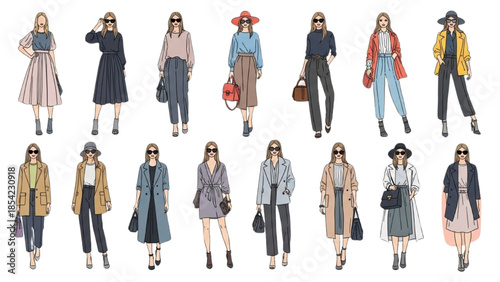 Illustrations of diverse women showcasing various fashion styles and accessories in different poses and outfits.