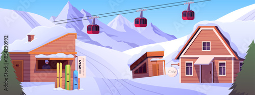 A winter ski resort with a snow-capped mountain landscape, wooden chalets, and a cable car.
