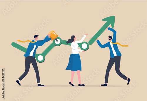 Business development process, plan or strategy to achieve success, teamwork and collaboration concept, business people help building or developing company growth graph with up rising arrow.