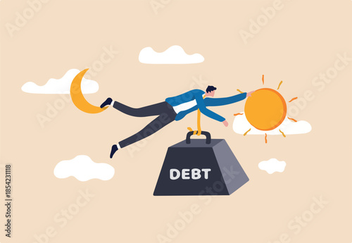 Debt crisis for salary man, working hard day until night making money to pay for debt of overspending habit concept, tried businessman holding on the moon and sun with heavy weight with the word debt.
