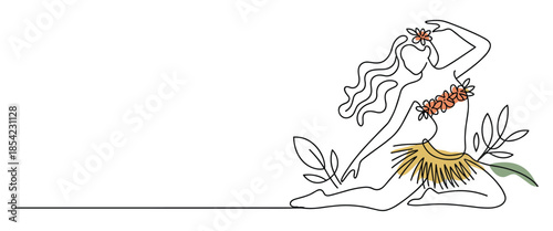 Woman in traditional Hawaiian grass skirt with floral accessories sitting serenely