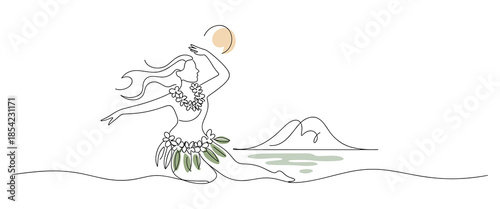 Woman in traditional Hawaiian hula dancer outfit dancing by the ocean with mountain